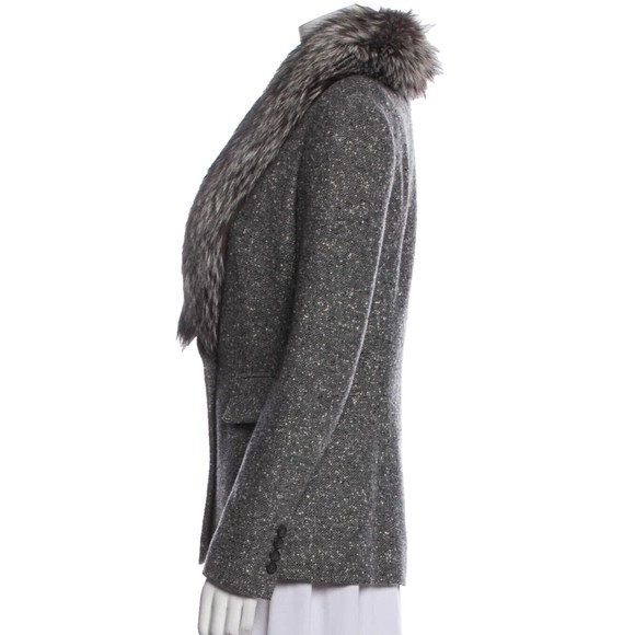Designer Michael Kors Collection Grey Tweed Shawl Collar Fox Fur Trim Blazer Med - Picture 2 of 7